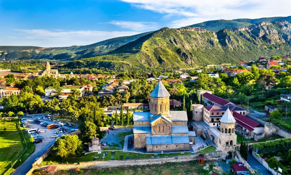 Mtskheta-aerial-view-samtavro-transfiguration-orthodox-church-nunnery-st-nino-mtskheta-georgia